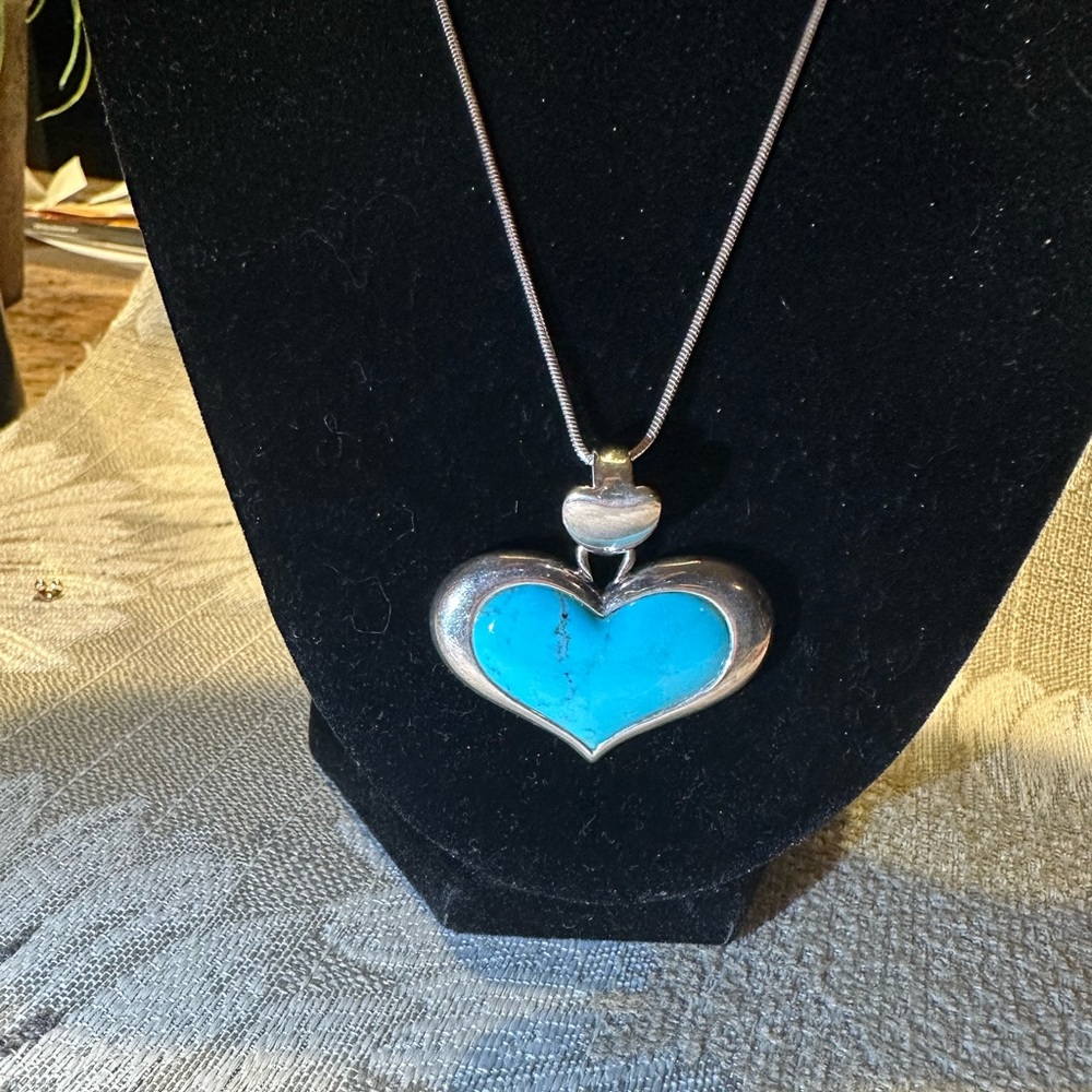 SX sterling silver and turquoise heart pendant with heart-shaped loop for chain